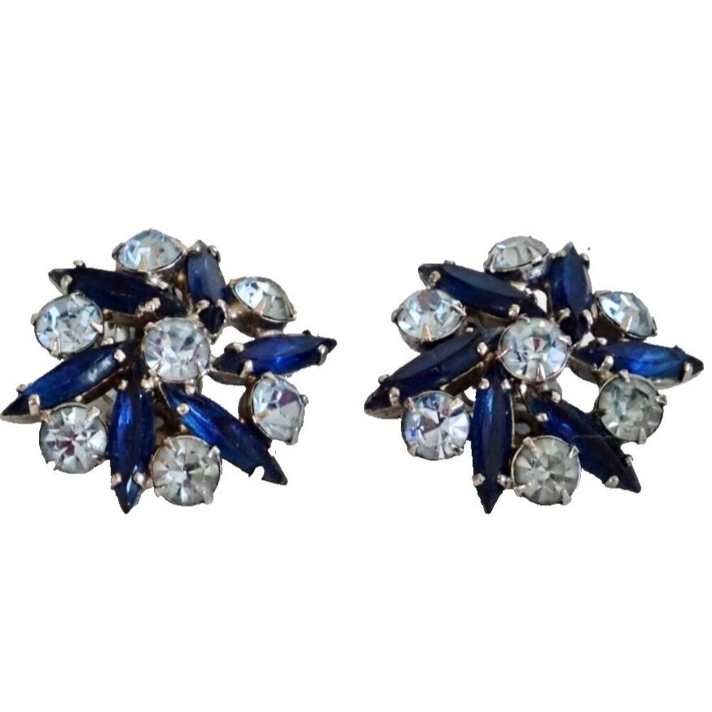 Vintage Madeleine Silver Tone Sapphire Blue & Clear Rhinestone Clip-on Earrings